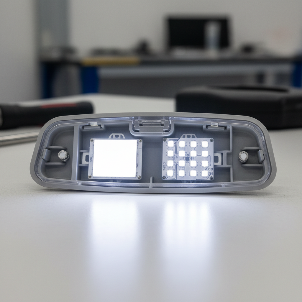 Close-up comparison of LED bulb beam pattern in car dome light housing