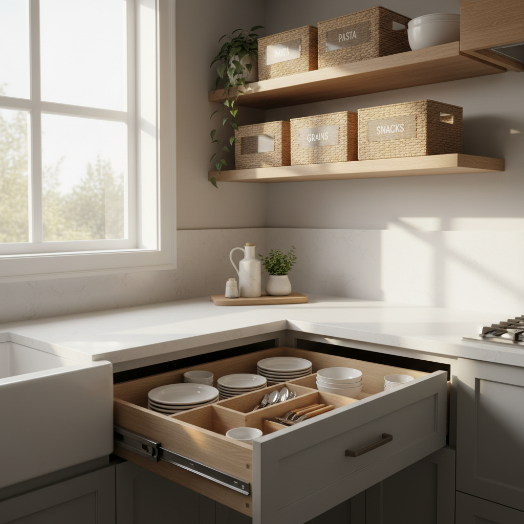 Small kitchen organization reset with labeled bins and a clear countertop