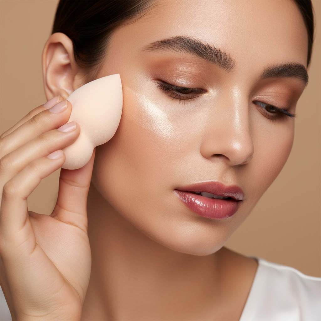 Model applying highlighter on cheekbone with sponge for a natural glow