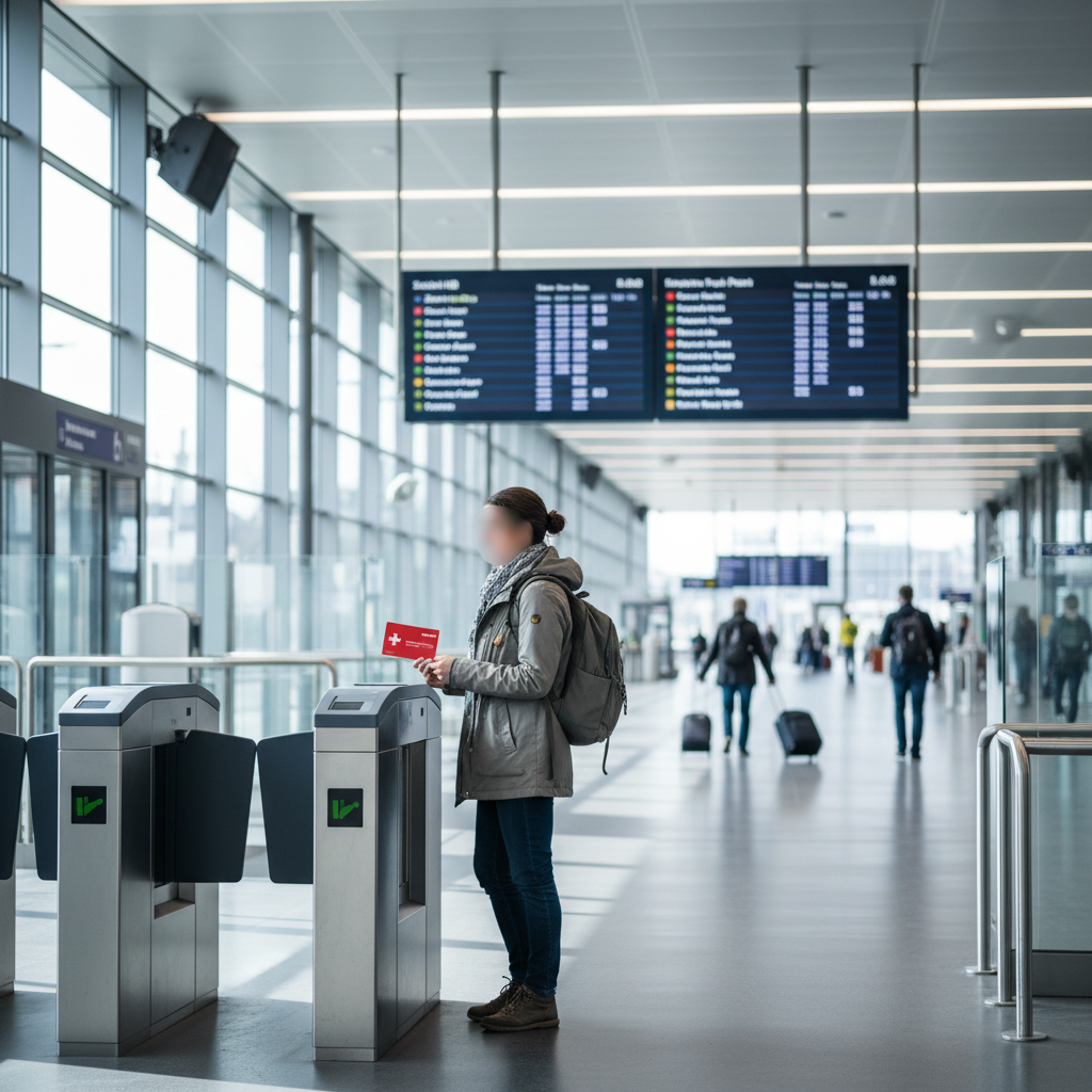 Swiss Travel Pass used at train station ticket gate and timetable board