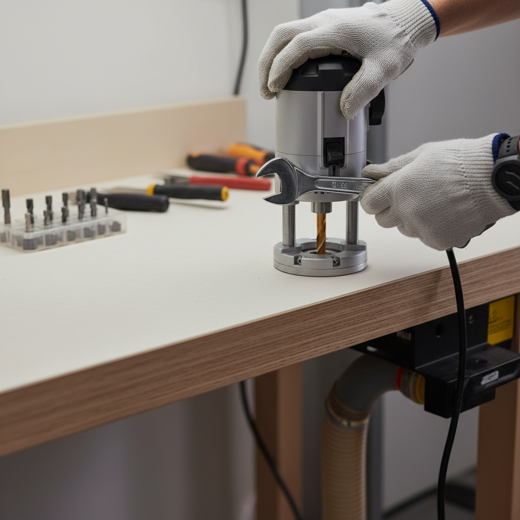 Using a wrench to tighten a router collet nut while the spindle lock is engaged