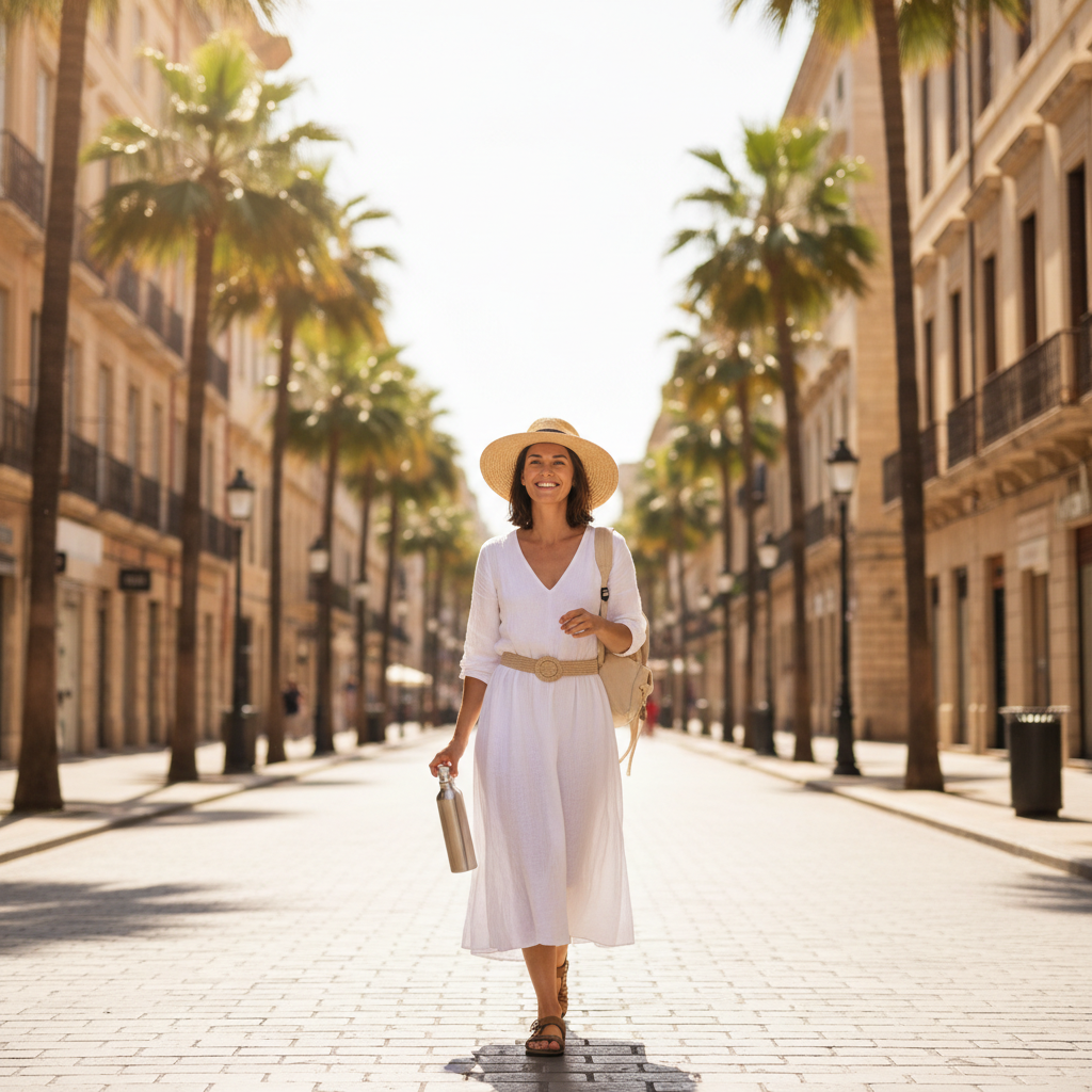 Traveler using sun hat and water bottle to stay cool in summer heat