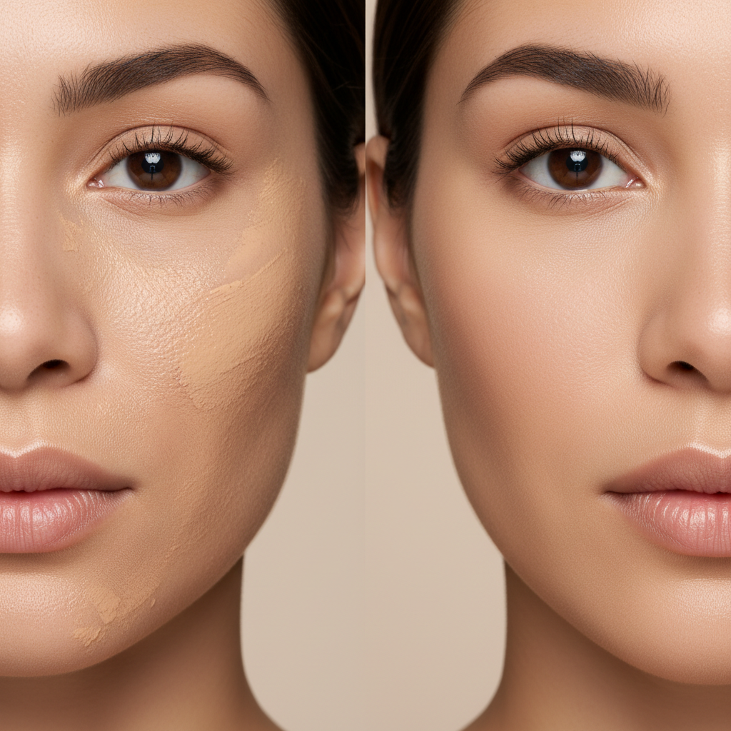 Close-up comparison of streaky vs smooth foundation finish on skin