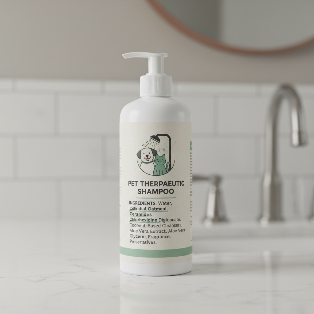 Close-up of dog shampoo ingredient label highlighting oatmeal and chlorhexidine
