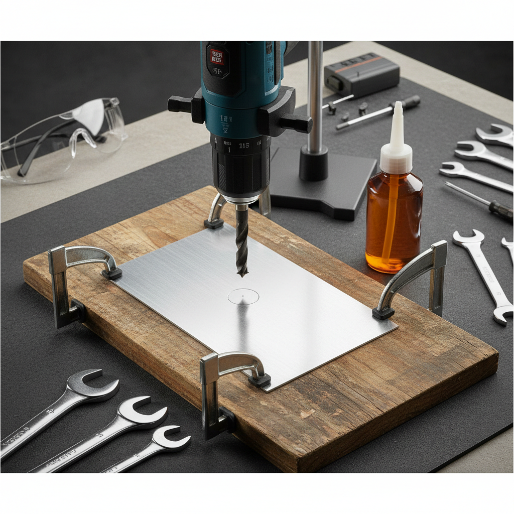 Workbench setup showing clamped sheet metal, center punch mark, and step drill bit ready to drill