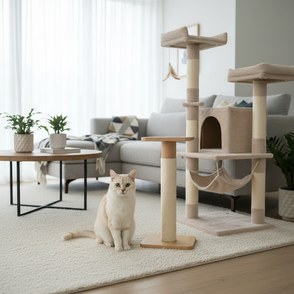 Calm cat in home environment with scratcher and cat tree setup