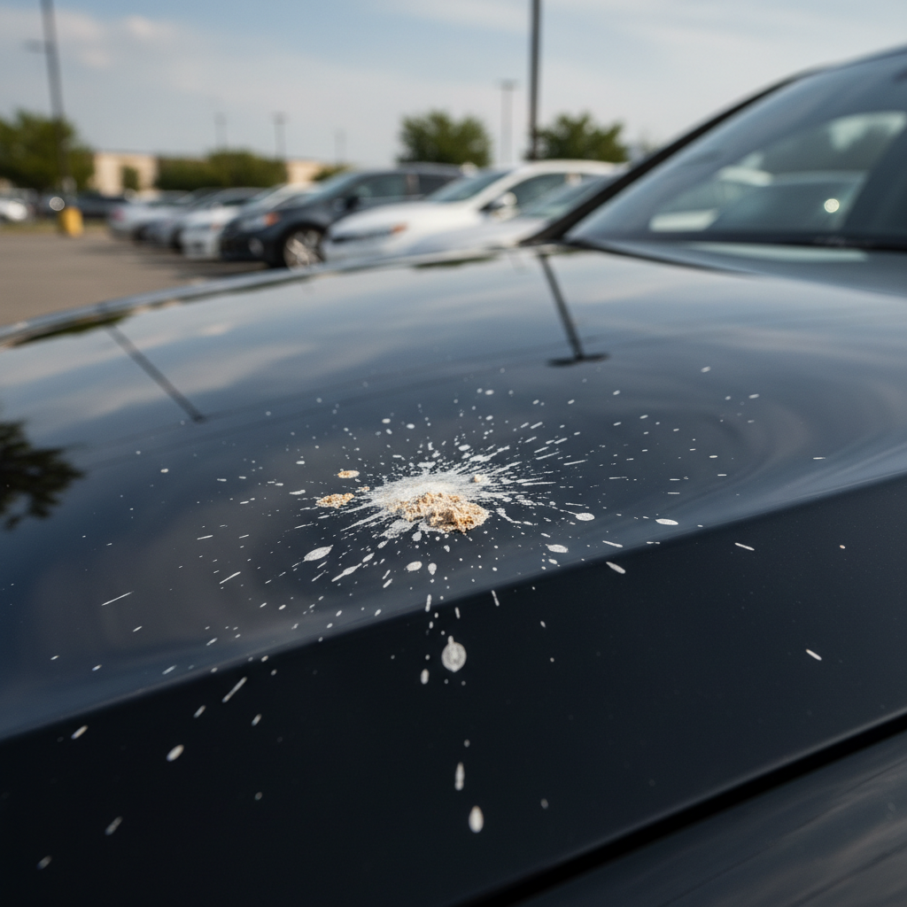 Bird droppings on black car paint close-up before cleaning
