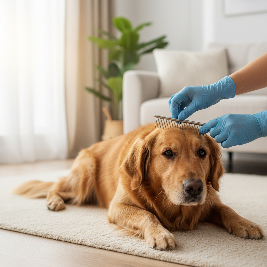 Owner checking a dog for ticks using a fine-toothed comb