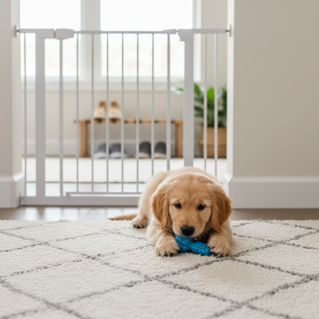 Puppy chewing an approved chew toy in a living room with puppy-proofed space