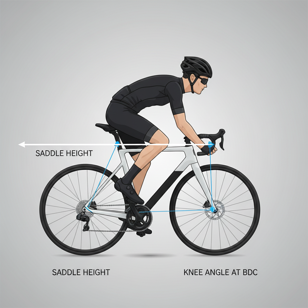 Diagram-style view of proper cycling knee angle at bottom of pedal stroke