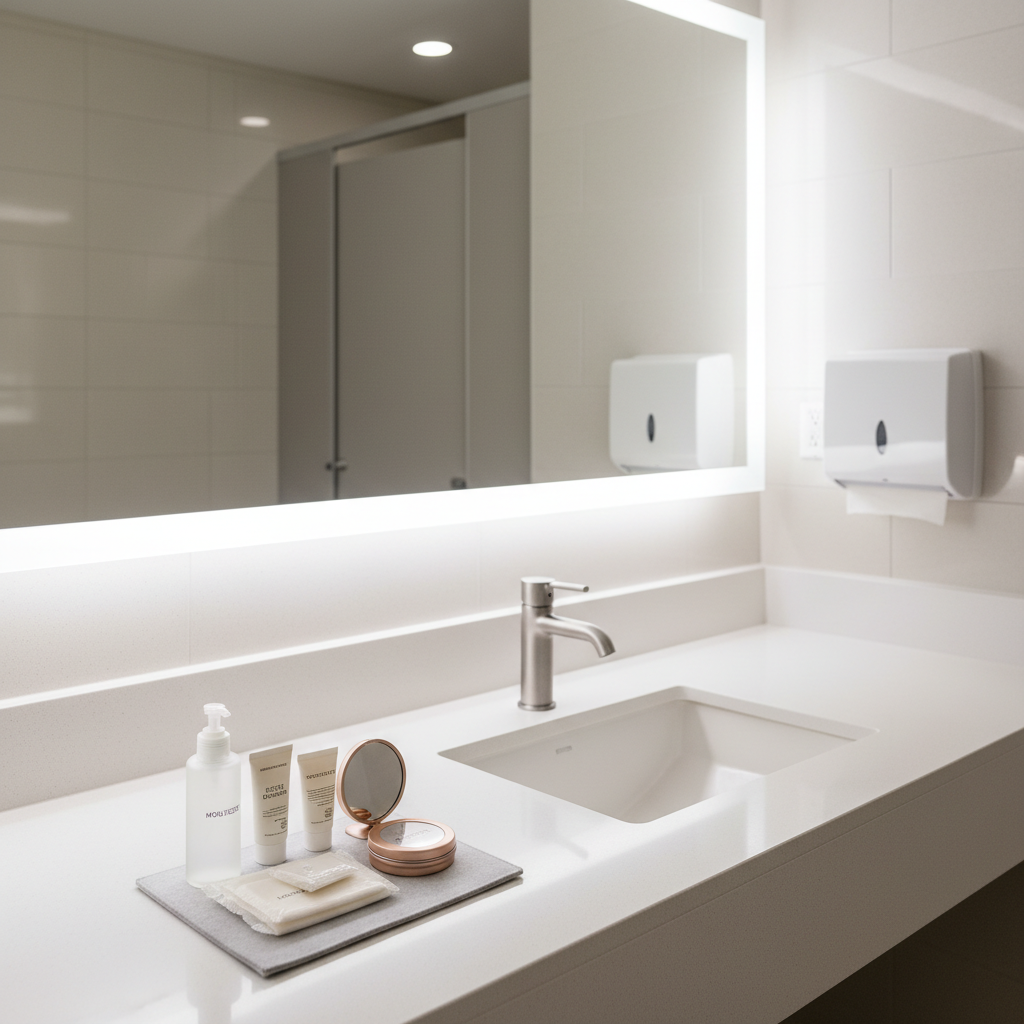 Simple airport bathroom face refresh setup with travel skincare