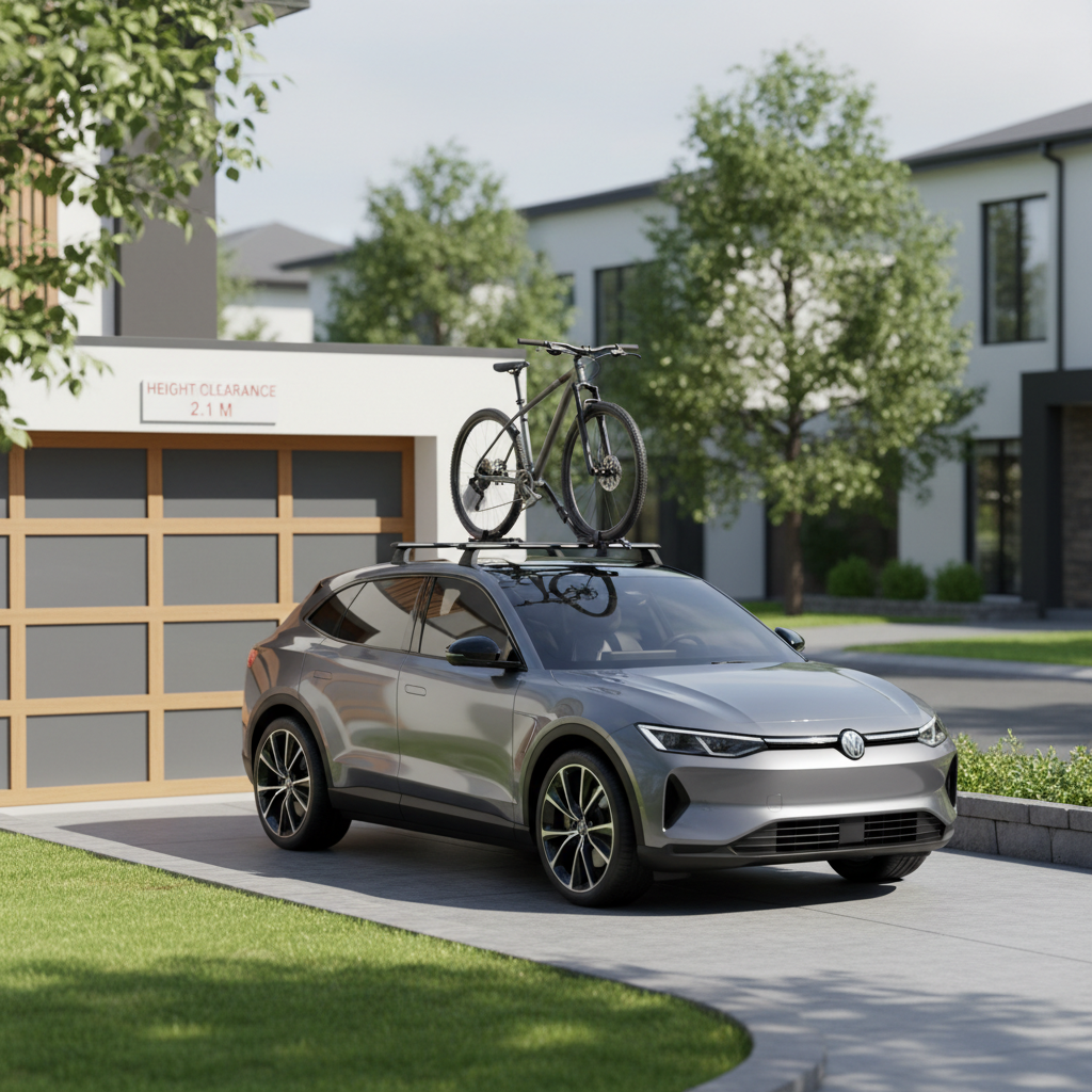 Roof-mounted bike rack on SUV with height clearance reminder