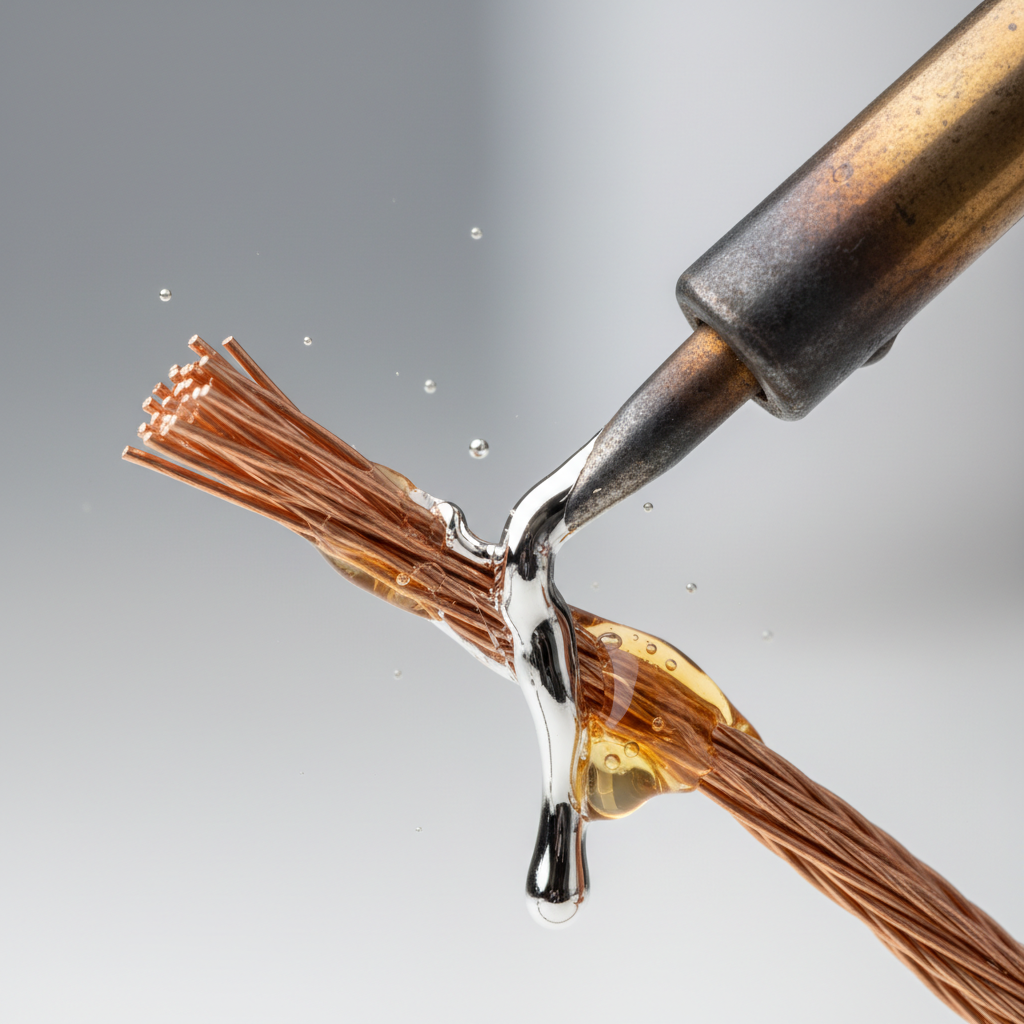 Close-up of pre-tinning stranded copper wire with flux and solder