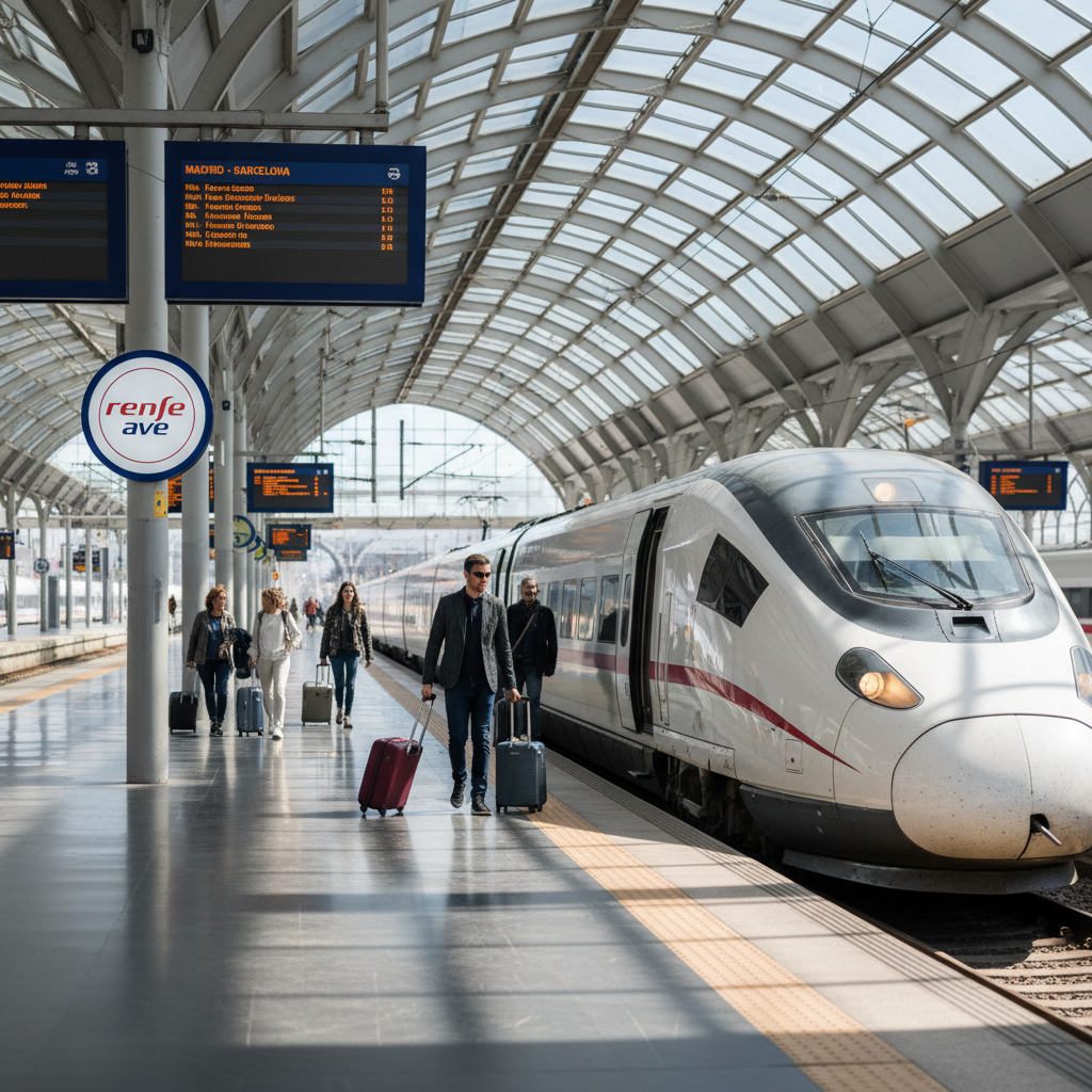 High-speed train travel in Spain with AVE-style station platform