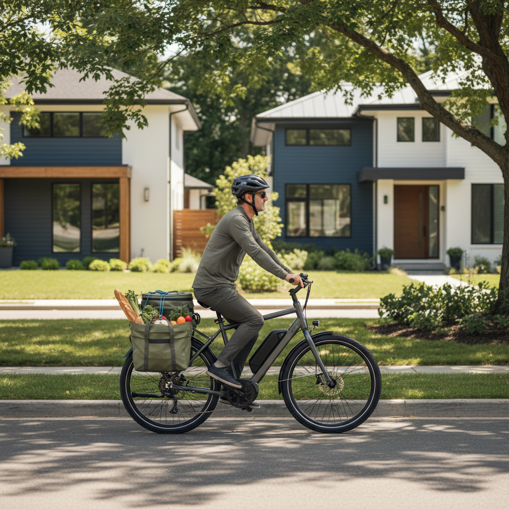 Adult rider using a utility electric bike with rear rack and panniers for groceries