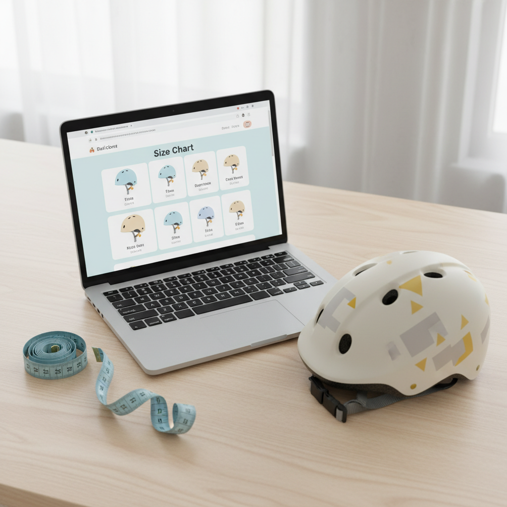 Kids helmet size chart and measuring tape beside a laptop for online helmet shopping