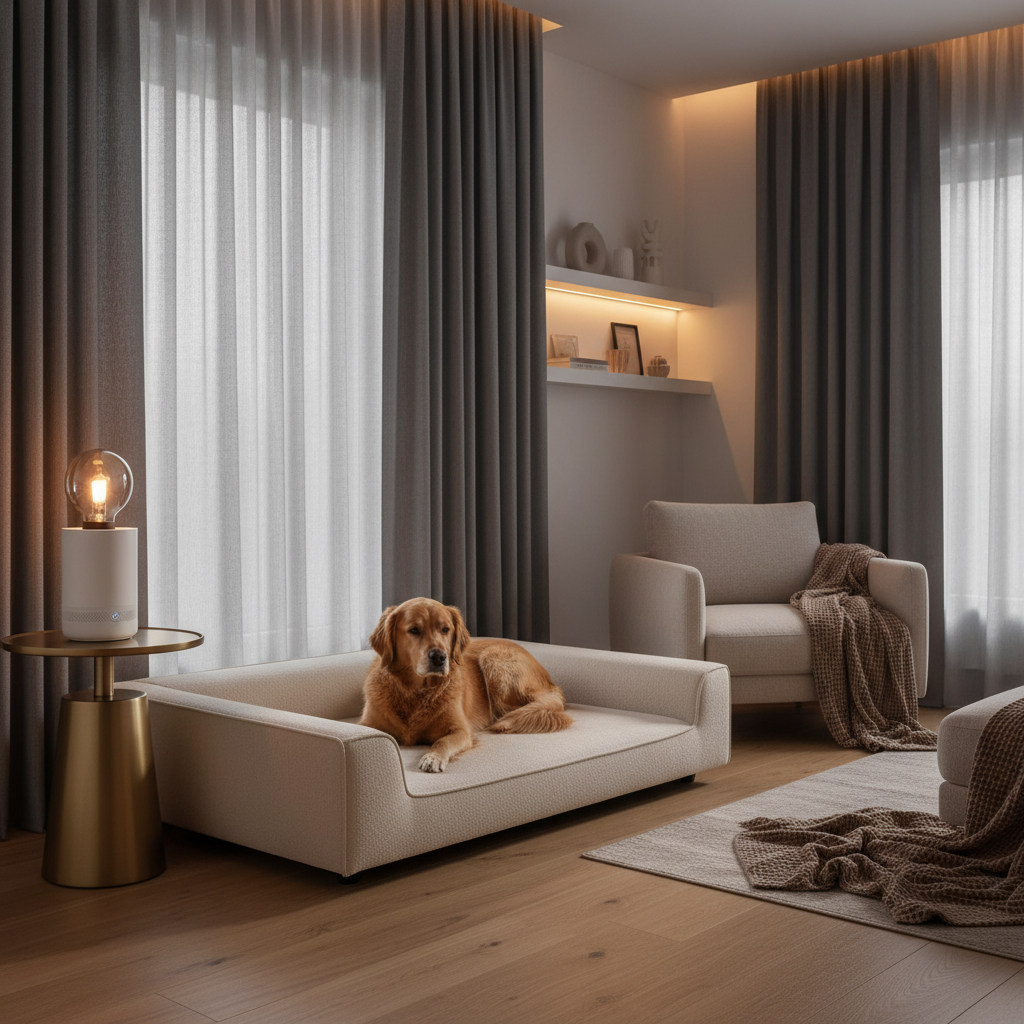 Dog resting in a quiet safe room during fireworks with dim lighting