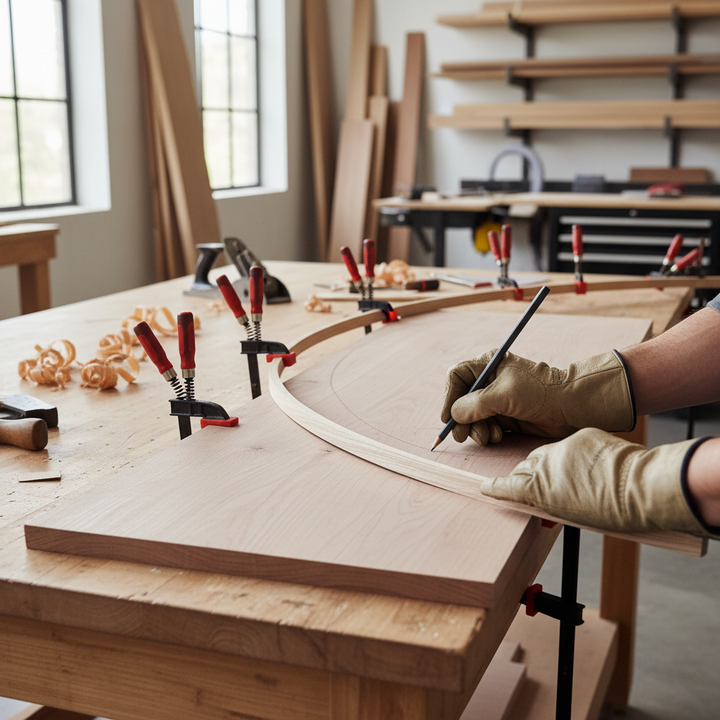 Marking a curve on wood using a flexible batten and clamps