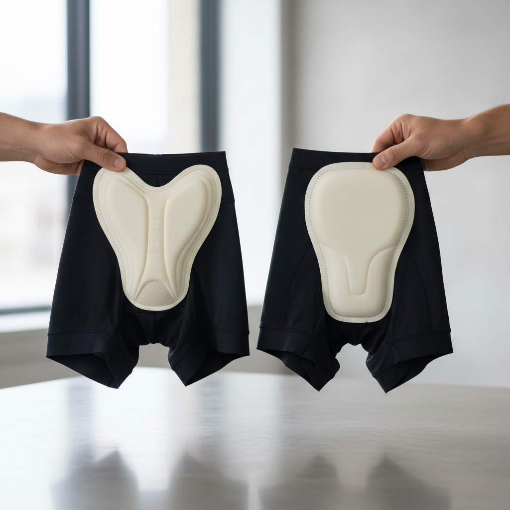 Cyclist comparing padded cycling underwear chamois thickness and shape