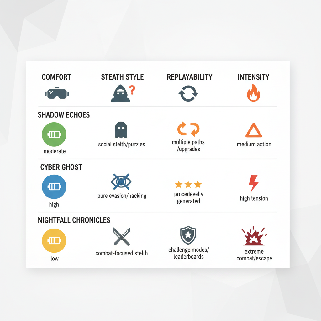 Comparison table concept for VR stealth games with comfort and playstyle icons