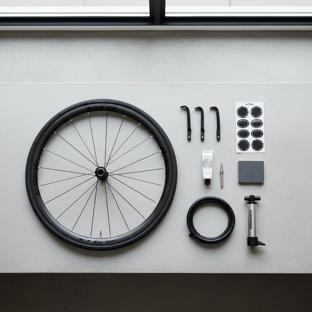 Bike tire repair kit tools laid out for a flat tire fix