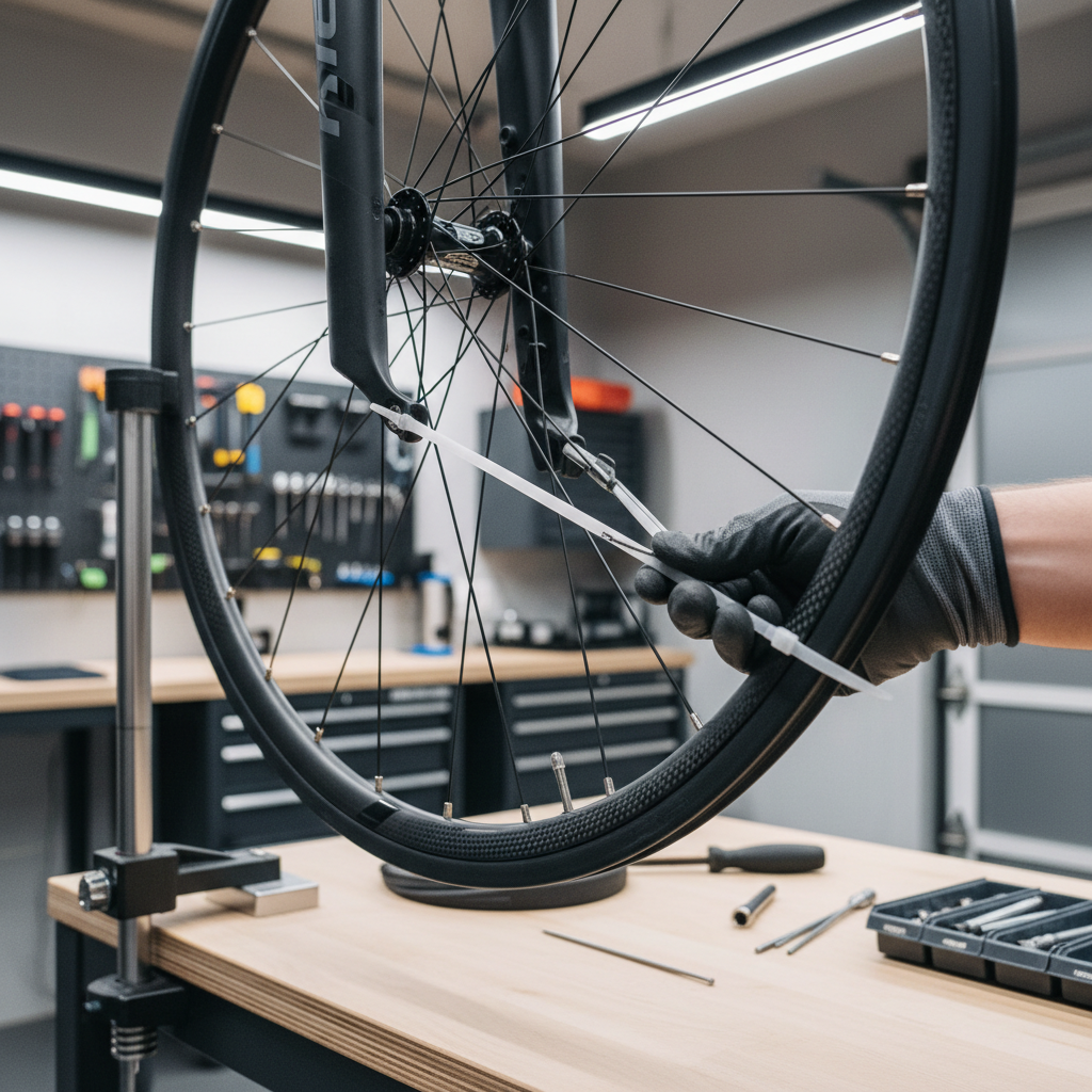 Bike wheel truing using a spoke wrench and a zip tie pointer on a fork