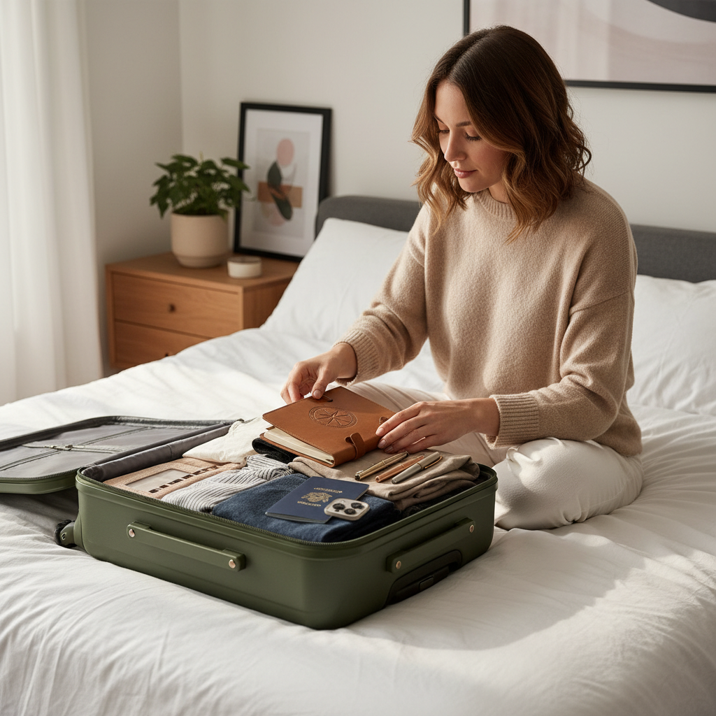 Woman packing a travel journal with pens and passport for a 2026 trip