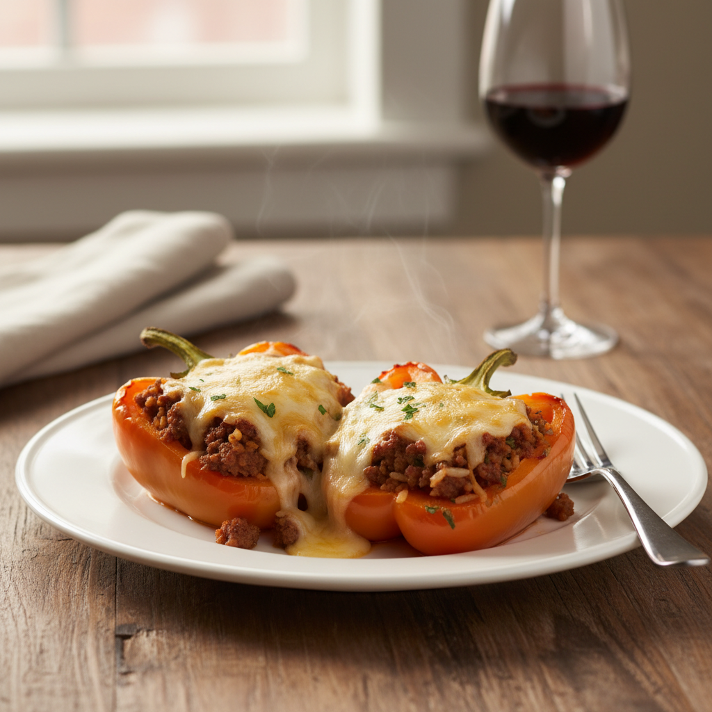 Baked stuffed bell peppers topped with melted cheese served on a dinner plate