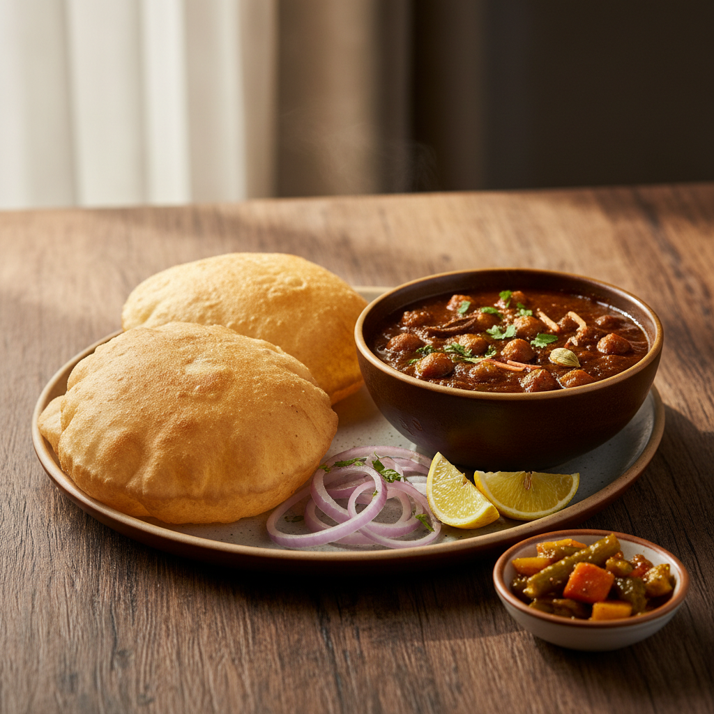 Punjabi chole bhature served with onions, pickle, and lemon