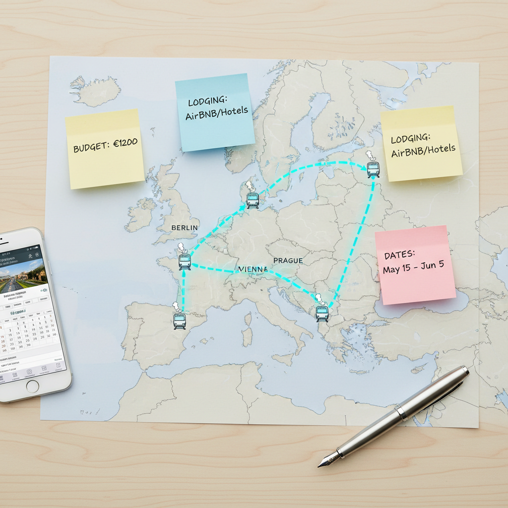 Map of Europe highlighting affordable travel route with trains and budget notes