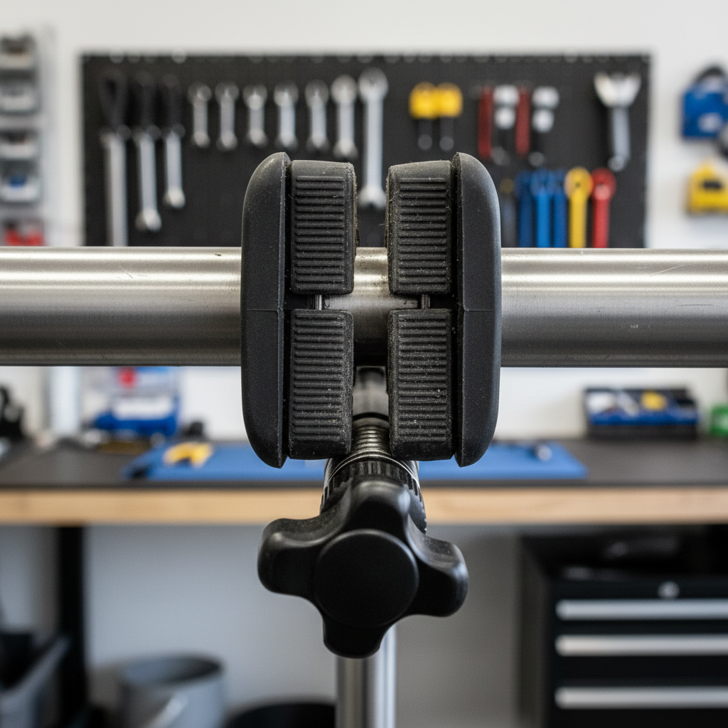 Close-up of a repair stand clamp on a bike seatpost with correct jaw alignment