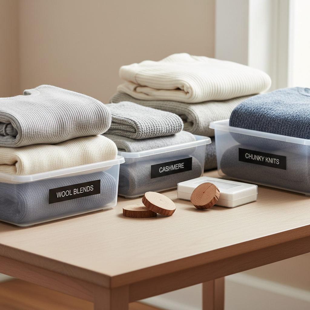 Clean winter sweaters folded with cedar blocks and labeled storage bins for summer