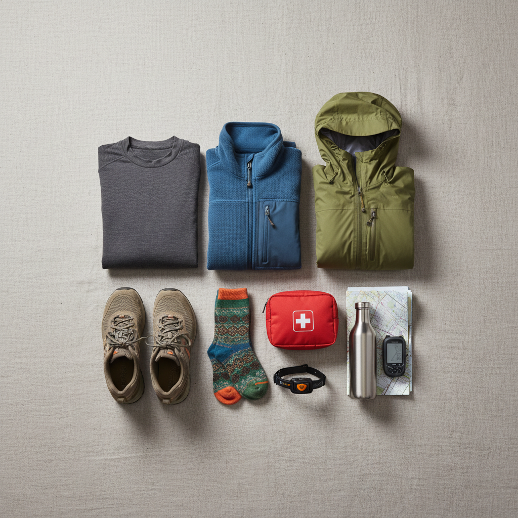 Adventure travel packing layout with layers, first aid kit, and navigation items