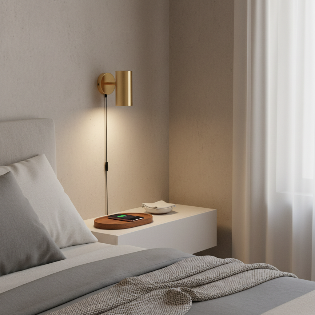 Minimal bedside setup with wall sconce, floating shelf, and tidy cable management