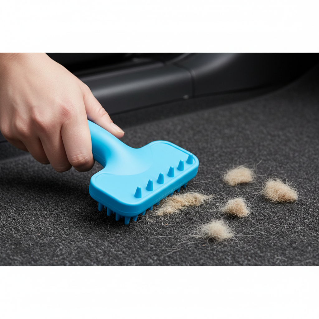 Rubber pet hair brush used on car carpet