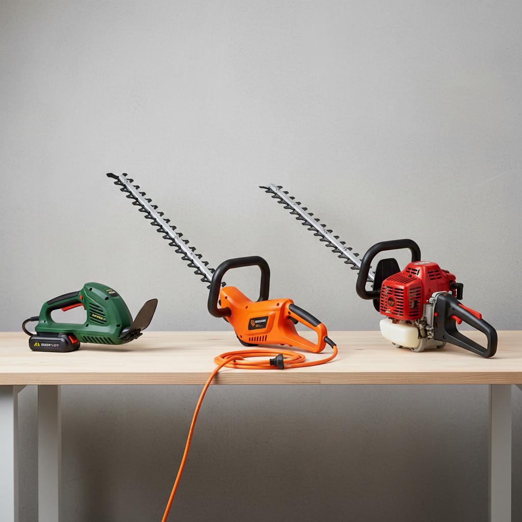 Comparison of cordless, corded, and gas hedge trimmers laid out on a workbench