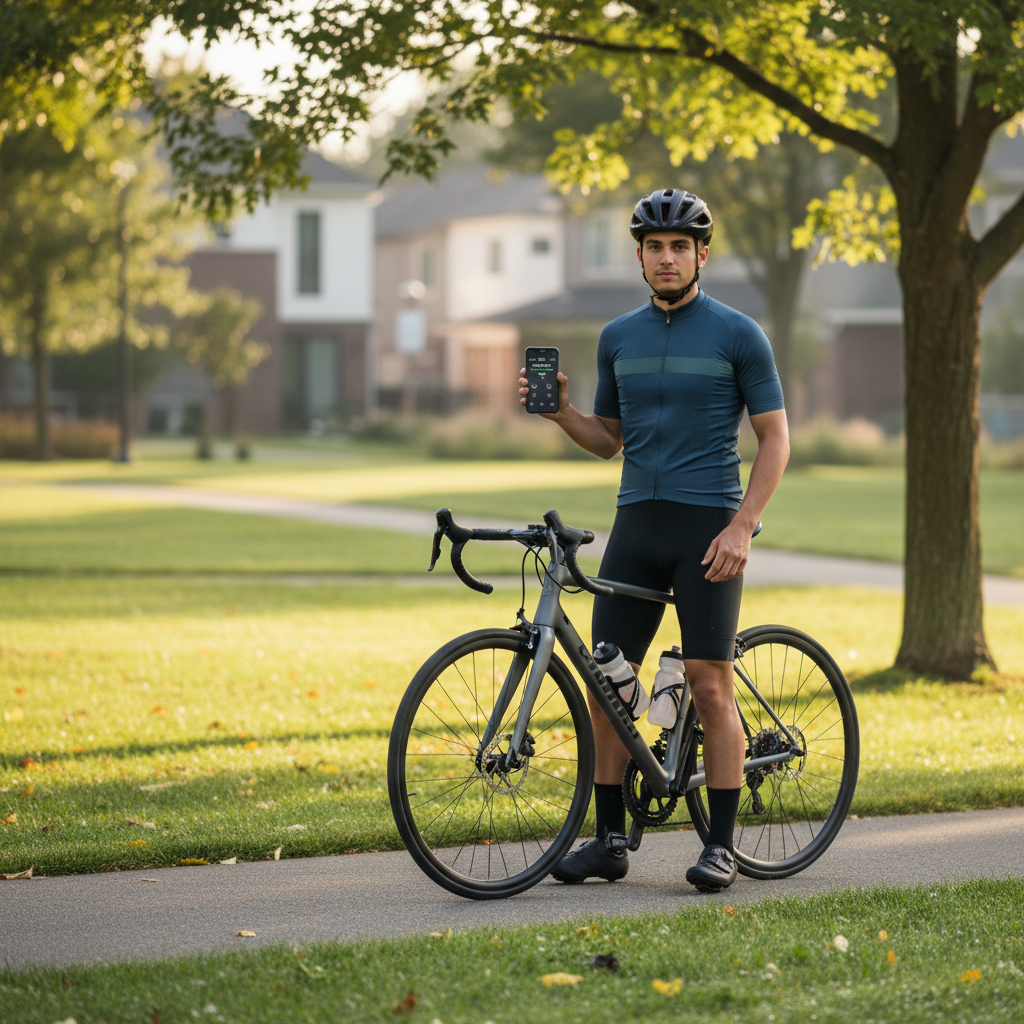 Beginner cyclist setting up a cycling app on a smartphone before a ride