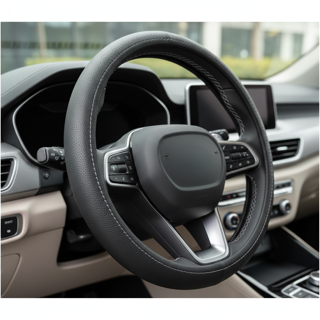 Leather steering wheel cover installed on a modern car interior