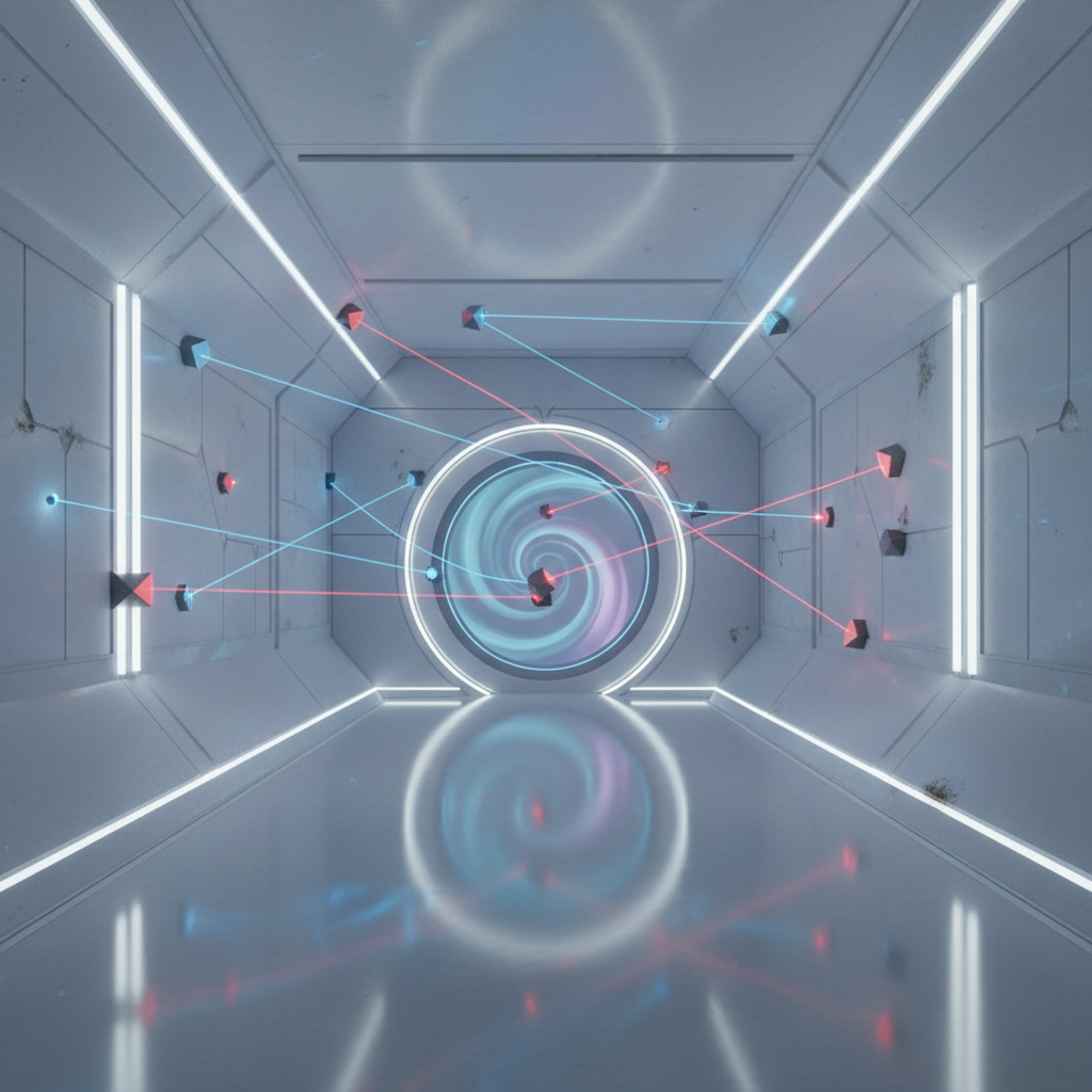 Portal-like VR puzzle room with laser beams and reflective surfaces