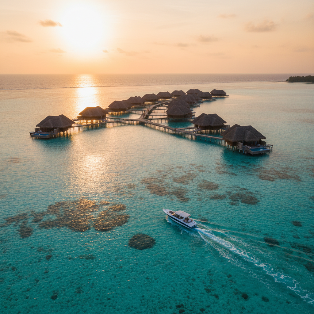 Maldives overwater villas and speedboat transfer at sunset for budget planning