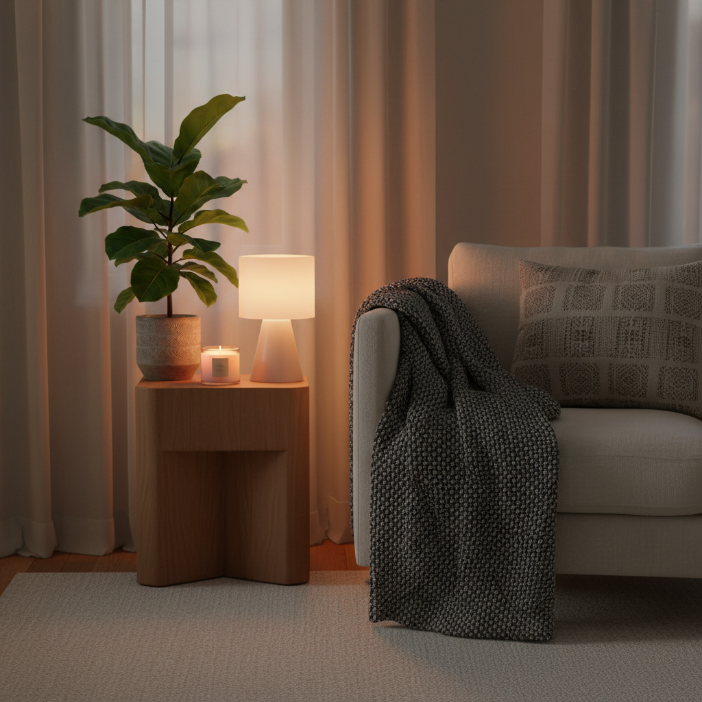 Cozy living room corner with warm lamp, plant, and candle on side table