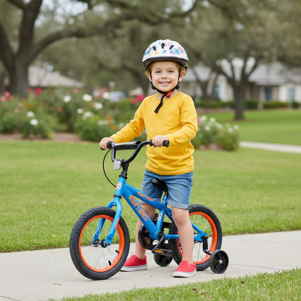 Child wearing a properly fitted bike helmet next to a kids bicycle