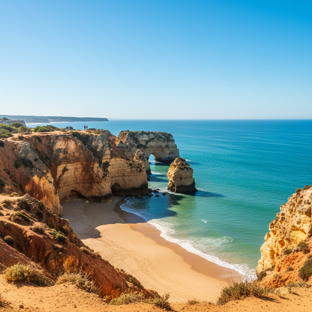 Algarve sea cliffs and beach with hikers on coastal trail