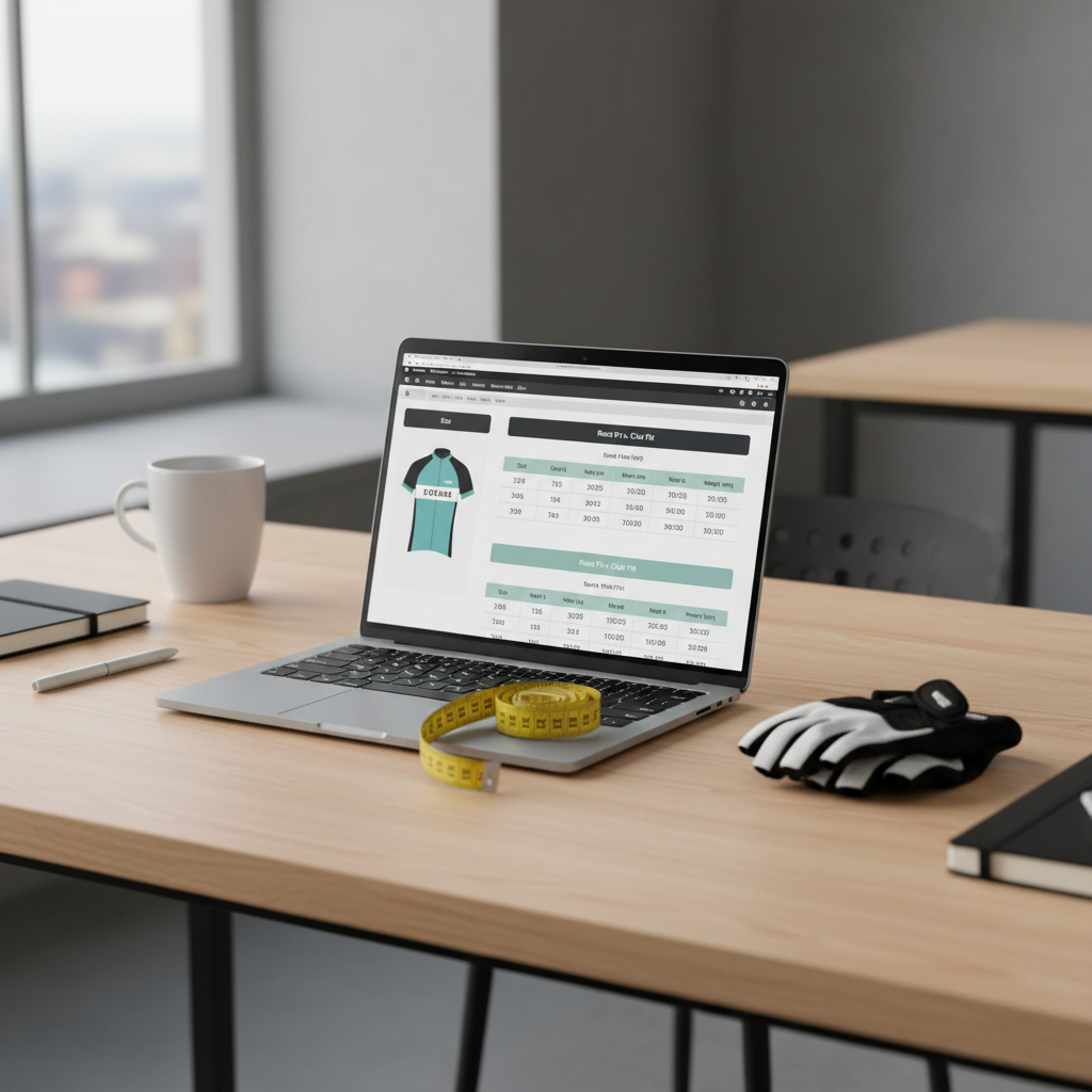 Cycling jersey size chart comparison on laptop with measuring tape