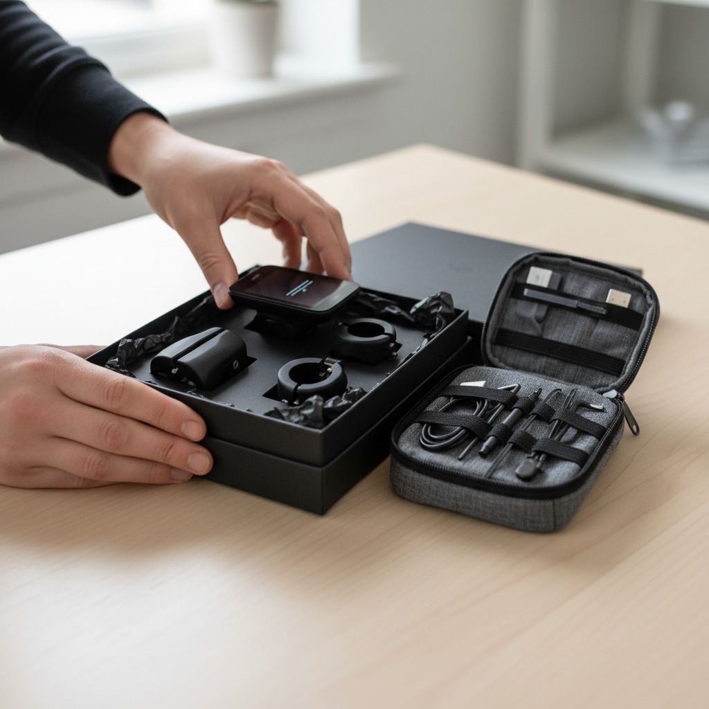 Step-by-step boxing and wrapping a bike computer gift with tissue paper and a small accessory pouch