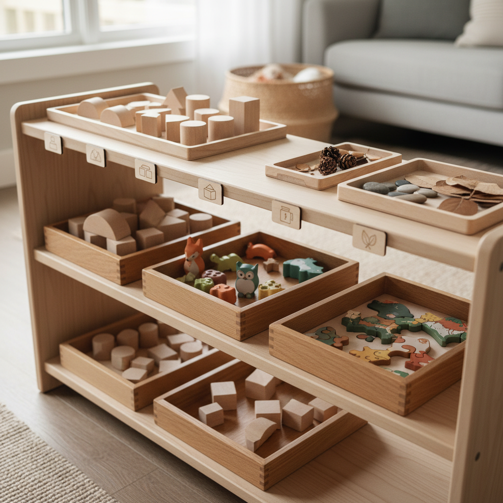 Shallow tray organization for small toy pieces on low shelves