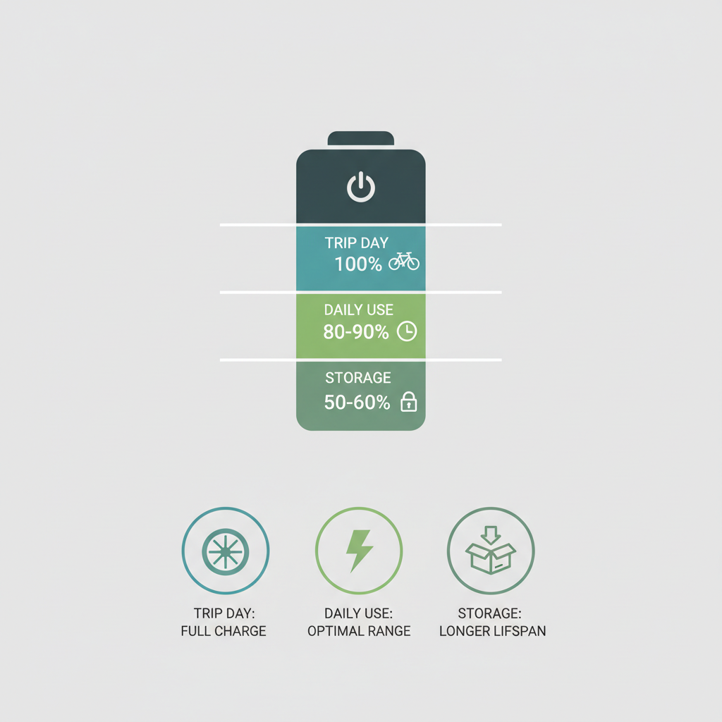 Battery percentage targets chart for daily commuting versus long e-bike trips