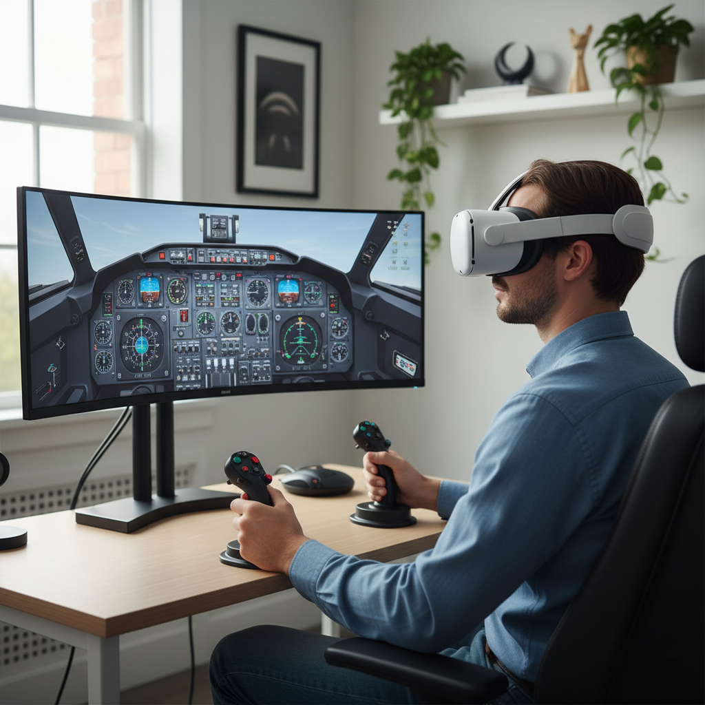 Person playing a VR flight simulator cockpit game at home