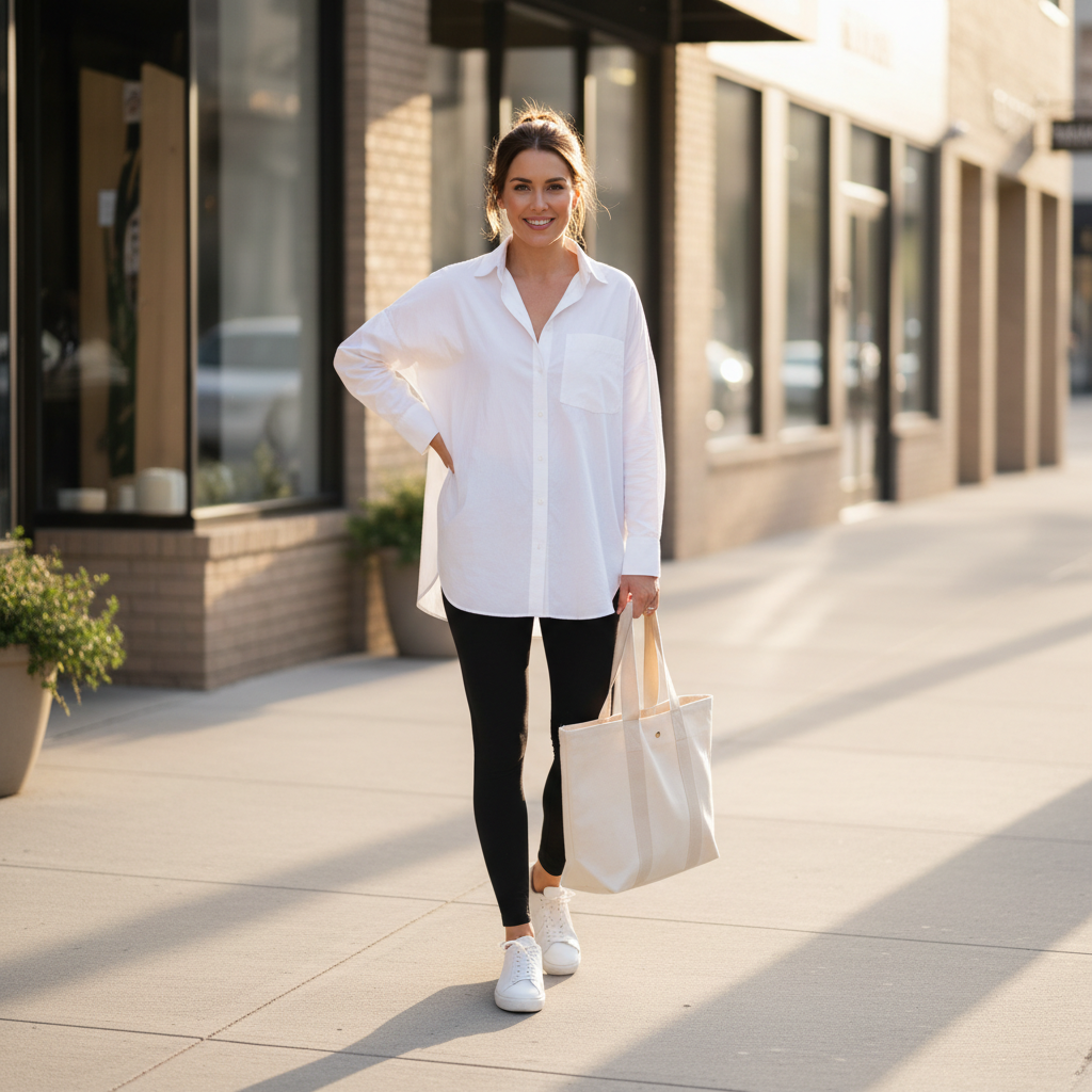 Casual street outfit formula using leggings, oversized shirt, and clean sneakers
