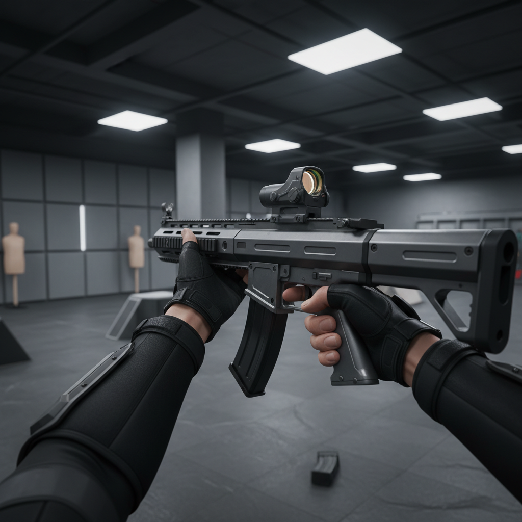 VR shooter gameplay scene with tactical reload and holographic sight